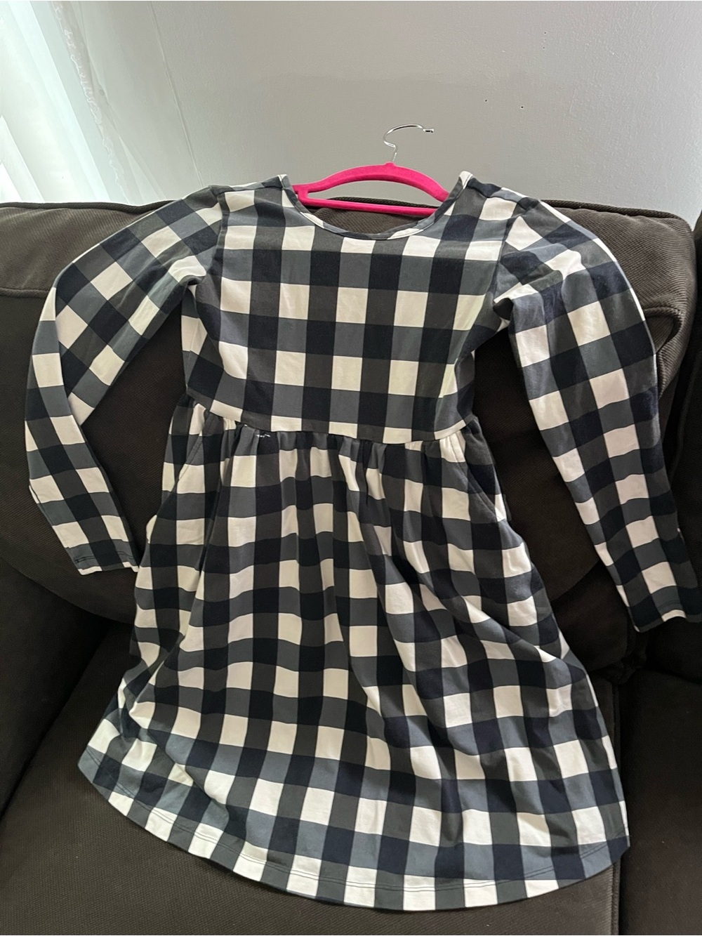 Hanna Andersson Black and White Gingham Check Long-Sleeve Dress with pockets
